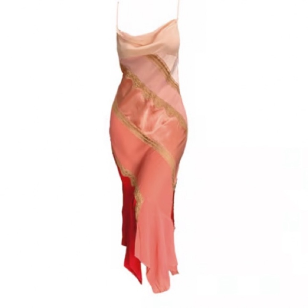 Vintage 90’s Y2K 100% Silk Slip Dress Cowl Boho Sheer Lace Backless Belladonna - Picture 7 of 16